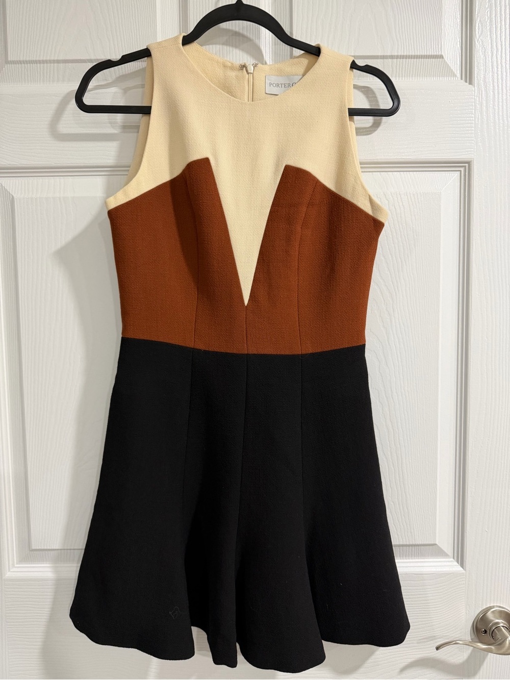 Porter Grey Colorblock Fit-and-Flare Dress in Cream, Rust & Black